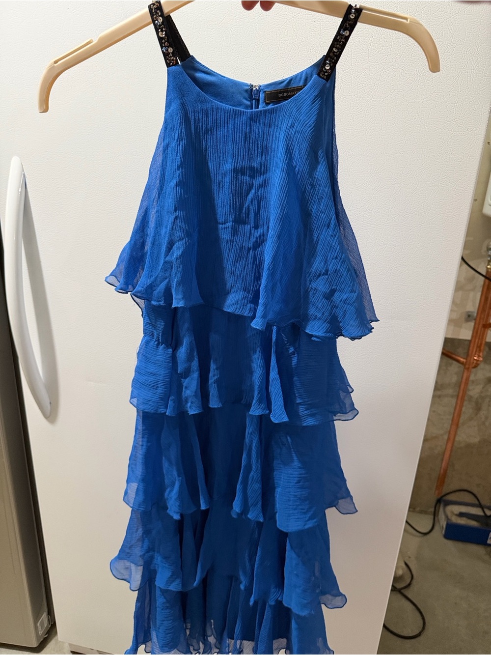 BCBG Maxazria Royal Blue Tiered Ruffle Dress with Embellished Straps